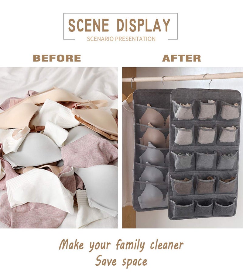 AARAINBOW Hanging Bra Organizer with Pockets, Hanging Sock Organizer, Dual Sided Hanging Closet Underwear Storage Holder for Lingerie, Panty Tie (20 Pockets, Gray) - Image 5